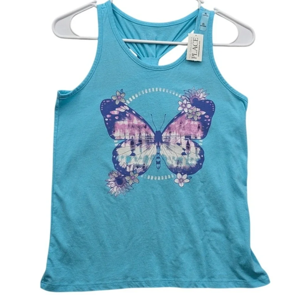 The Children's Place Tank Top Girls XL Blue Cotton Butterfly Graphic Racerback